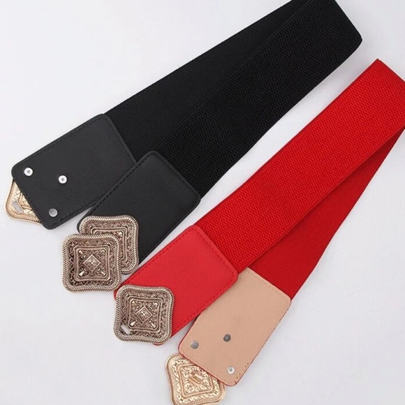 Red Elastic Leather Gold Buckle Fashion Belt - Picture 3 of 6